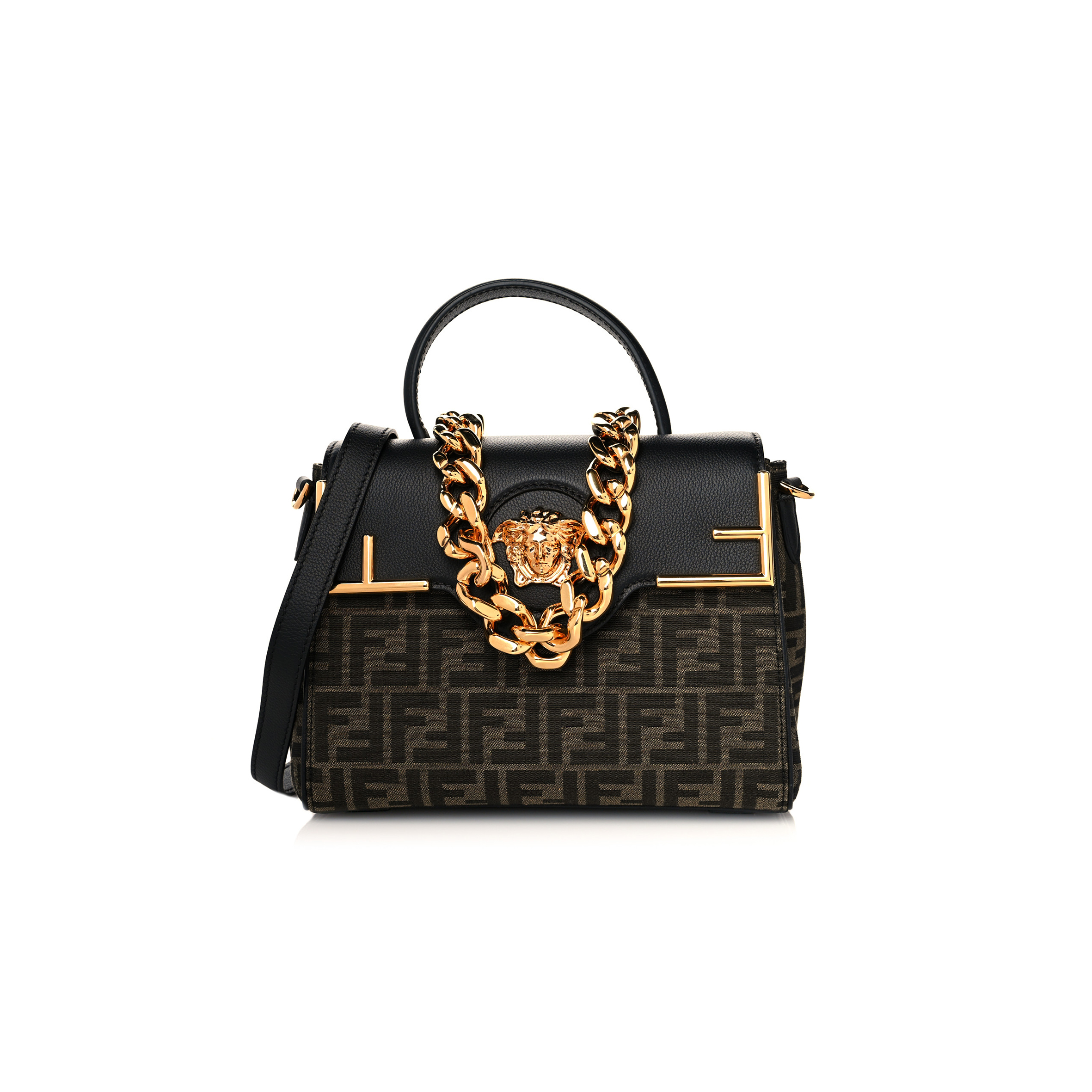 F**di x versace grained calfskin fendace la medusa top handle bag black brown (25*22*15cm)